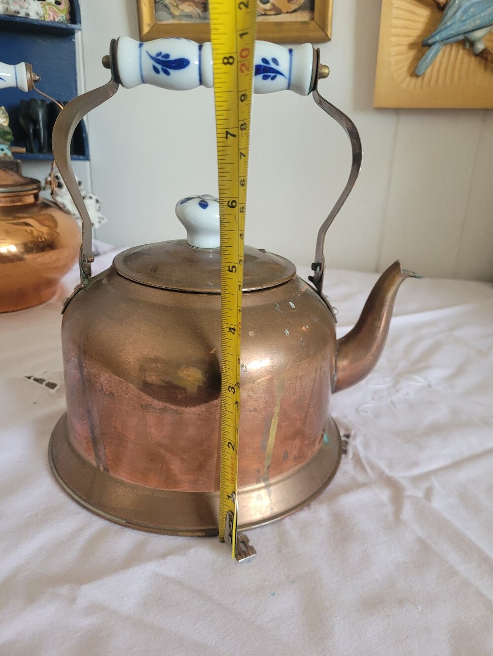Vintage Copper Teakettle with White & Blue Porcelain Handle - Picture 12 of 13